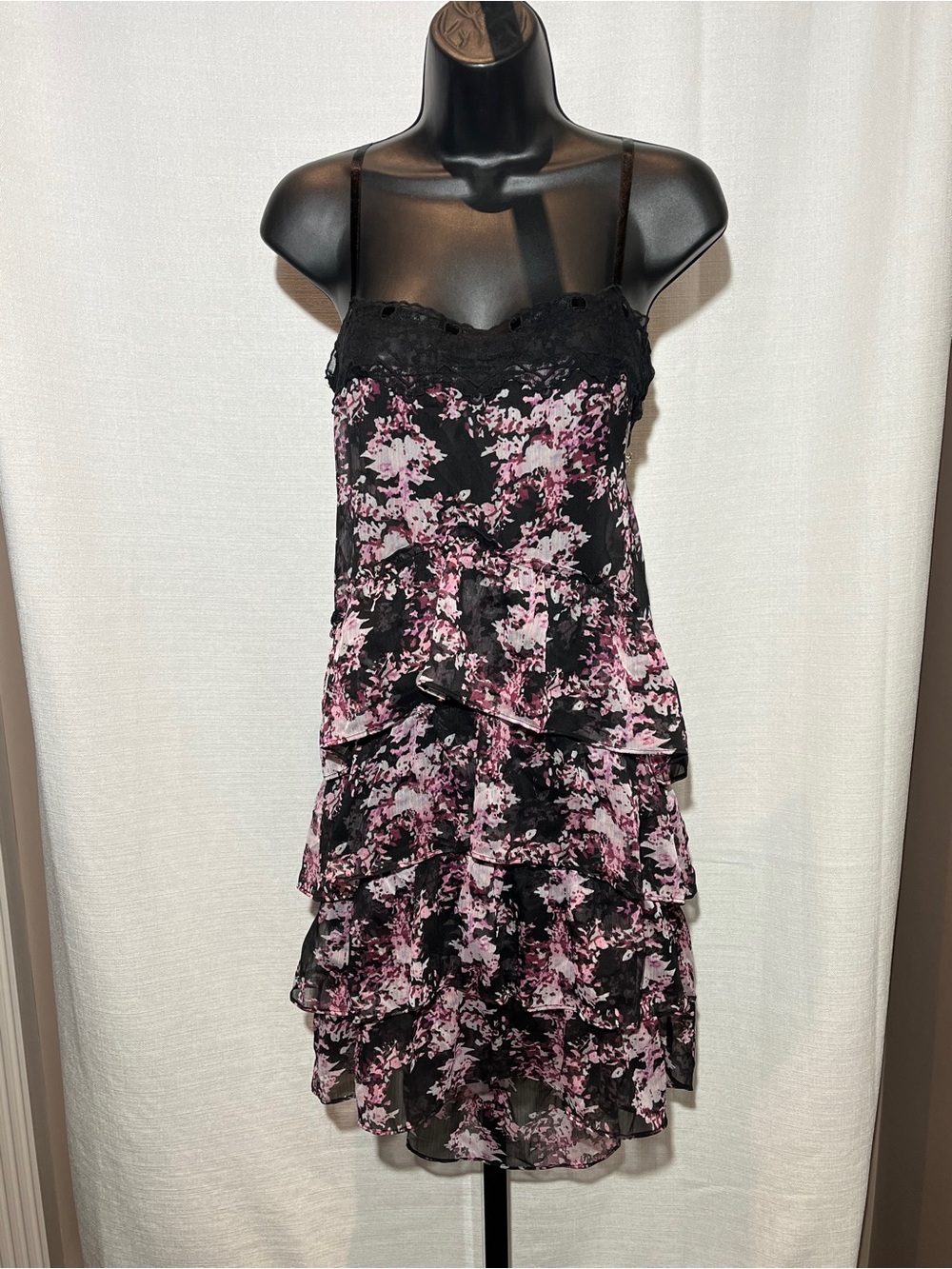 Intimately Free People Black Slip/Dress w Pink Purple & White Florals/ Lace Trim